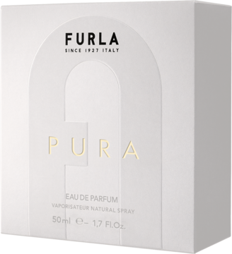 Białe pudełko perfum Furla Pura 50ml, elegancki design ze złotym napisem Pura i czarnym logo, widok z przodu.
