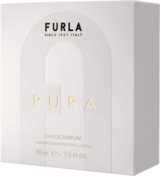 Białe pudełko wody perfumowanej Furla Pura 30ml z złotym napisem i logo, ujęcie z przodu pod kątem.
