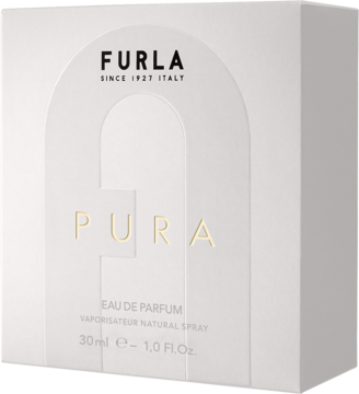 Białe pudełko wody perfumowanej Furla Pura 30ml z złotym napisem i logo, ujęcie z przodu pod kątem.