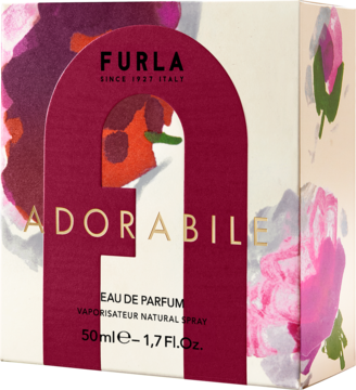 Furla Adorabile woda perfumowana, zbliżenie na różowo-białe opakowanie z graficznym logo i kwiatowym wzorem.