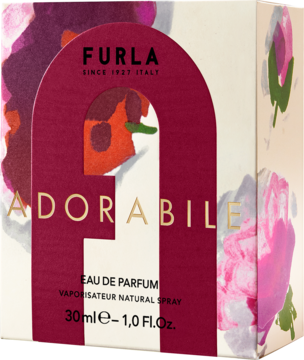 Furla Adorabile EDP 30ml w pudełku z burgundowym logo F, częściowo zakrywającym nazwę, na kwiecistym tle.