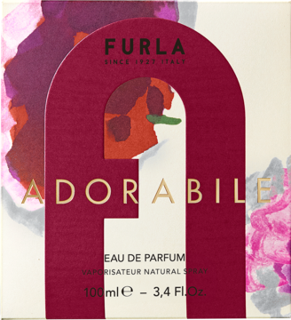 Pudełko perfum Furla Adorabile 100ml, bordowe z wycięciem w kształcie łuku i kwiatowym wzorem, widok z przodu.