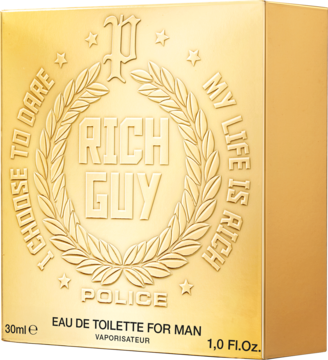 Złote pudełko Police Rich Guy Eau de Toilette dla mężczyzn, widok z przodu i z boku, z wytłoczoną etykietą.