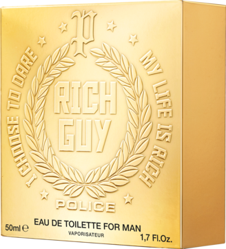 Złote opakowanie Police Rich Guy Eau de Toilette dla mężczyzn, widok pod kątem, z napisem RICH GUY w wieńcu laurowym.