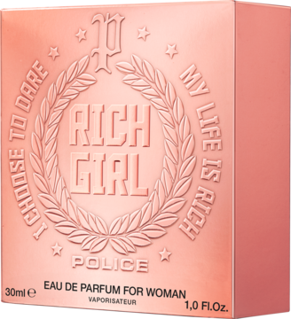 Police Rich Girl woda perfumowana dla kobiet, różowo-złote opakowanie z tłoczonym napisem i gwiazdami, z przodu.