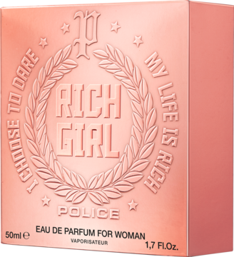Police Rich Girl woda perfumowana dla kobiet w miedzianym, kwadratowym pudełku z wytłoczonym napisem, widok z przodu i z boku.