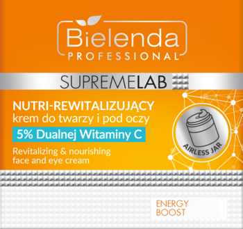Bielenda SupremeLab Energy Boost Nutri-rewitalizujący krem z 5% Witaminą C, pomarańczowo-srebrne opakowanie.