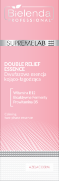 Front różowego opakowania Bielenda Supremelab Double Relief Essence Azelac Derm, z wit. B12, łagodząca.
