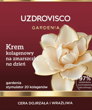 Uzdrovisco Gardenia krem kolagenowy na dzień dla skóry dojrzałej, stymulator 20 kolagenów, opakowanie z kwiatem gardenii.