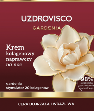 Krem Uzdrovisco Gardenia kolagenowy naprawczy na noc, z dużym kremowym kwiatem na bordowym tle, 98% natury.