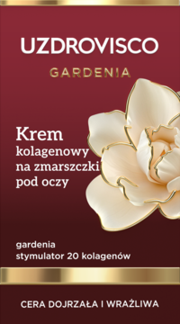 Front ciemnoczerwonego opakowania kremu kolagenowego Uzdrovisco Gardenia na zmarszczki pod oczy, dla cery dojrzałej. Kwiat gardenii.