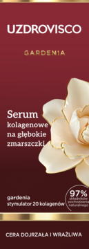 Uzdrovisco Gardenia serum na głębokie zmarszczki, 97% naturalne, widok frontu ciemnoczerwonego opakowania z kwiatem.