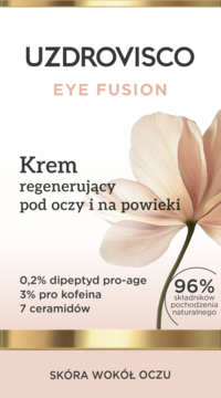 Uzdrovisco Eye Fusion, regenerujący krem pod oczy z 0.2% dipeptydem pro-age, widok z przodu opakowania.