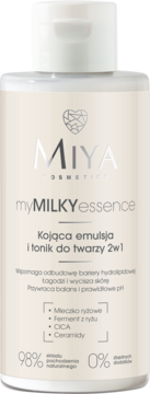 MIYA myMILKYessence Kojąca emulsja i tonik do twarzy 2w1, kremowa butelka z białym korkiem, widok z przodu.
