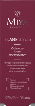 Bordowe opakowanie kremu Miya myAGEblocker, odżywczego i regenerującego, z widocznym składem i hasłem.