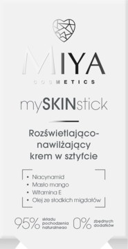 MIYA mySKINstick, rozświetlająco-nawilżający krem do twarzy w białym sztyfcie z niacynamidem, widok z przodu.