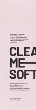 Różowy żel Veoli Botanica Clean Me Softly, nawilżająco-łagodzący do cery suchej i wrażliwej, z przodu.