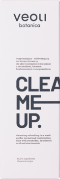 Jasnoróżowe opakowanie Veoli Botanica Clean Me Up żel do mycia twarzy z kwasem hialuronowym, widok z przodu.