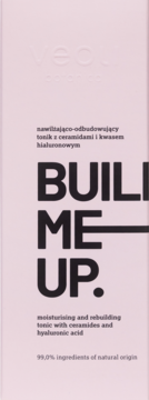 Tonik Veoli Botanica Build Me Up nawilżający z ceramidami i kwasem hialuronowym, jasnoróżowe opakowanie, widok przód.
