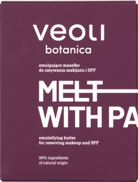 Burgundowe pudełko Veoli Botanica Melt With Passion, naturalne masło do demakijażu usuwające makijaż i SPF.