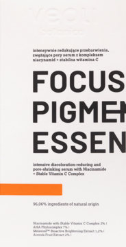 Białe pudełko Veoli Botanica Focus Pigment Essence, serum redukujące przebarwienia z niacynamidem i witaminą C.