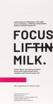 Białe opakowanie liftingującego serum Veoli Botanica Focus Lifting Milk, z czarnym tekstem, widok z przodu.