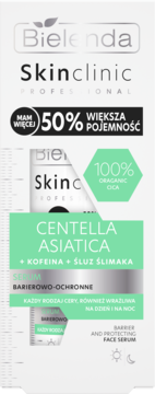 Bielenda Skinclinic Centella Asiatica serum w białym opakowaniu 50% większa pojemność, widok z przodu.