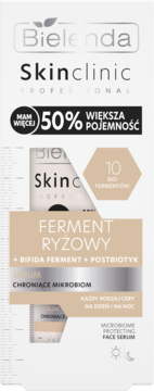 Bielenda Skinclinic Ferment Ryżowy serum, biało-beżowe opakowanie z napisem '50% większa pojemność', widok z przodu.
