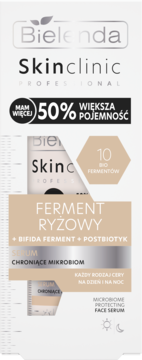 Bielenda Skinclinic Ferment Ryżowy serum, biało-beżowe opakowanie z napisem '50% większa pojemność', widok z przodu.