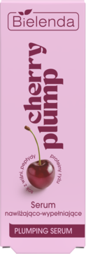Bielenda Cherry Plump Serum, nawilżająco-wypełniające, różowe opakowanie z wiśnią, widok z przodu.