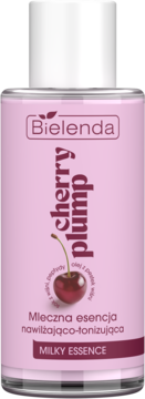 Różowa butelka Bielenda Cherry Plump Mleczna esencja nawilżająco-tonizująca, z ilustracją wiśni, widok z przodu.