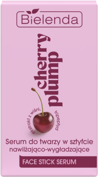 Różowe opakowanie Bielenda Cherry Plump serum do twarzy w sztyfcie, z wiśnią, widok z przodu. Nawilża i wygładza.