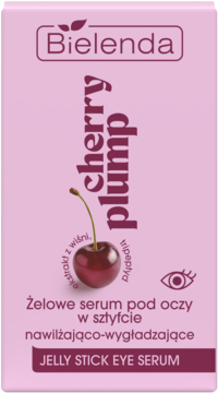 Różowe opakowanie Bielenda Cherry Plump żelowego serum pod oczy, nawilżająco-wygładzające, z ekstraktem wiśni.