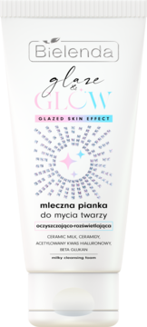 Bielenda Glaze & Glow mleczna pianka do mycia twarzy oczyszczająco-rozświetlająca, biała tubka z frontu z holograficznym wzorem.