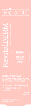 Bielenda RevitalDERM serum kolagenowe na noc z PDRN i spikulami, różowe opakowanie, widok z przodu.