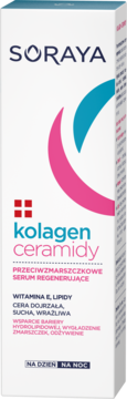 Soraya Kolagen Ceramidy, przeciwzmarszczkowe serum regenerujące w białym opakowaniu z różowo-niebieskim logo, widok z przodu.