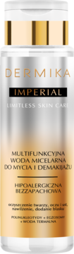 DERMIKA IMPERIAL multifunkcyjna woda micelarna do mycia i demakijażu, w białej butelce ze złotym paskiem.