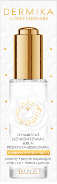 Dermika Luxury Ceramides skoncentrowane serum na dzień, biała butelka, złoty zakraplacz, poprawa napięcia skóry.