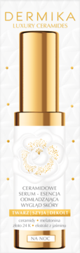 Dermika Luxury Ceramides serum na noc, butelka złoto-biała z kwiatowym wzorem, odmładzające dla twarzy, szyi, dekoltu.