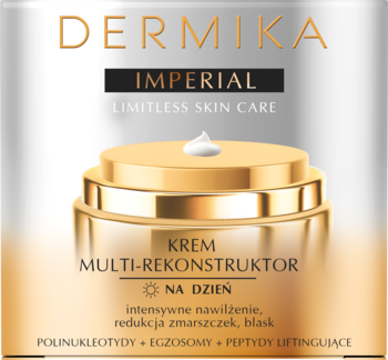 Złoty słoik kremu Dermika Imperial na dzień, z kropelką na wieczku, przeciwzmarszczkowy i liftingujący.