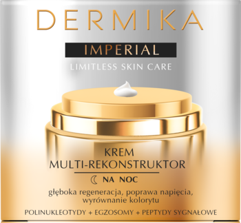 Złoty słoiczek kremu Dermika Imperial Multi-Rekonstruktor na Noc dla regeneracji i napięcia skóry.