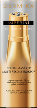 Dermika Imperial Serum Masażer w złotej obudowie ze srebrnym kulkowym aplikatorem, widok z przodu.