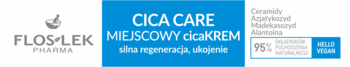 FLOSLEK PHARMA CICA CARE miejscowy cicaKREM, regenerujący z ceramidami. Biało-niebieski promocyjny baner.