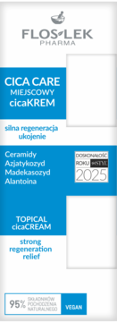 Białe opakowanie FLOS LEK CICA CARE miejscowy cicaKREM, wegański, z ceramidami, do regeneracji skóry.