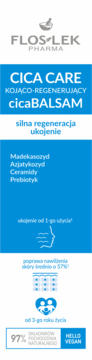 FLOS LEK CICA CARE cicaBALSAM kojąco-regenerujący. Biało-niebieska grafika z informacjami o składnikach i działaniu.