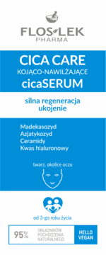 Flos-Lek Cica Care cicaSERUM, kojąco-nawilżające, z Madekasozydem, do twarzy i oczu, opakowanie biało-niebieskie.