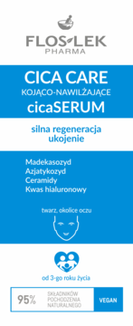 Floslek Cica Care cicaSERUM, kojąco-nawilżające i regenerujące serum do twarzy i oczu, w biało-niebieskim opakowaniu.