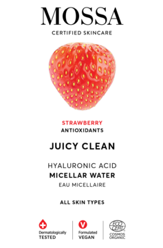 Etykieta Mossa Juicy Clean woda micelarna, truskawka i kwas hialuronowy, na białym tle.