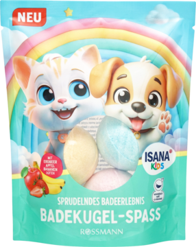 Isana Kids kule do kąpieli w turkusowej saszetce z kreskówkowymi zwierzętami, 3 kule: jabłko, banan, truskawka.