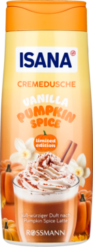 Isana Cremedusche Vanilla Pumpkin Spice, pomarańczowa butelka, na etykiecie dynie, przyprawy i Latte. Limitowana edycja.